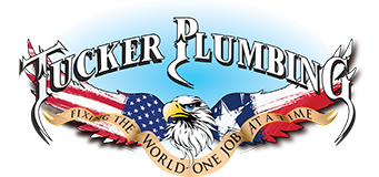 patriotic plumber tucker plumbing logo with bald eagle brandishing American and Texas flag wings